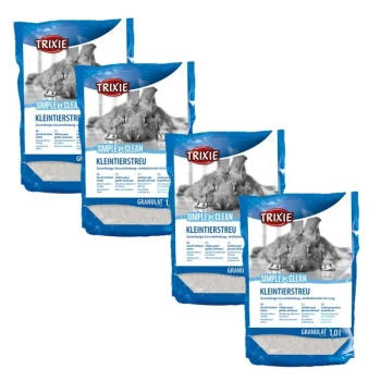 Vier Beutel Trixie Simple & Clean Kleintierstreu, mit einem blauen Design und einem Hasenbild, beschriftet mit 'KLEINTIERSTREU' und 'GRANULAT 1,0l.'