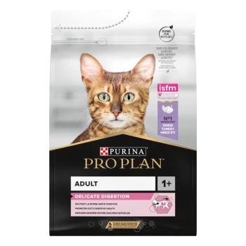 Purina Pro Plan Katzenfutterbeutel mit dem Gesicht einer Katze, beschriftet mit "Erwachsene" und "Delikate Verdauung", fördert die Verdauungsgesundheit.