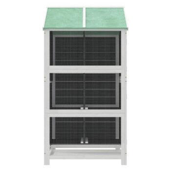 Weißer hölzerner Außentierkäfig mit grünem schrägem Dach und Drahtgitter-Frontpaneelen.