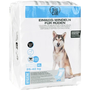 Einweg-Hundewindeln für Rüden, mit einem Husky-Bild, erhältlich in den Größen SML und XL, geeignet für Hunde mit einem Gewicht von 25-40 kg.