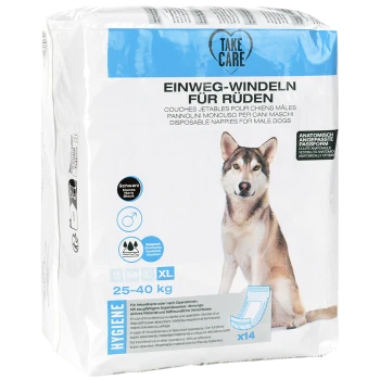 Einweg-Hundewindeln für Rüden, mit einem Husky-Bild, erhältlich in den Größen SML und XL, geeignet für Hunde mit einem Gewicht von 25-40 kg.