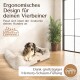 Ergonomisches Hundebett, das für Komfort entworfen wurde und eine Füllung aus Memory-Schaum hat. Der Text hebt die Anpassungsfähigkeit an die Anatomie des Hundes hervor.