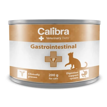 Calibra Veterinary Diets Gastrointestinal Katzenfutterdose, 200 g, mit einer Katzensilhouette, einem veterinärmedizinischen Symbol und dem Hinweis, die Verdauung zu unterstützen.