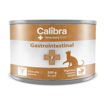Calibra Veterinary Diets Gastrointestinal Katzenfutterdose, 200 g, mit einer Katzensilhouette, einem veterinärmedizinischen Symbol und dem Hinweis, die Verdauung zu unterstützen.