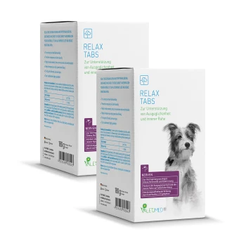 Verpackung für Valuemed Relax Tabs für Hunde, mit einem grauen und weißen Hund auf der Vorderseite, der Ruhe und Entspannung fördert.