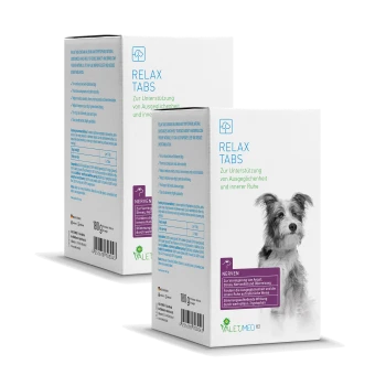 Verpackung für Valuemed Relax Tabs für Hunde, mit einem grauen und weißen Hund auf der Vorderseite, der Ruhe und Entspannung fördert.