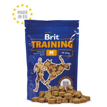 Niebieska torba z przysmakami treningowymi Brit dla psów średniej rasy (10-25 kg) z małymi, brązowymi przysmakami rozsypanymi na przodzie.