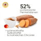Bild von Zutaten für Tierfutter: Süßkartoffeln, Tomaten und proteinreiche Einsiedlerlarven, mit Text, der "52% proteinreiche Hermitlarven" hervorhebt.