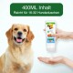 Ein glücklicher Golden Retriever sitzt neben einer Hand, die ein Haustiershampoo aus einer Flasche mit der Aufschrift "400ML Inhalt, Reicht für 16-32 Hundeduschen" abgibt.