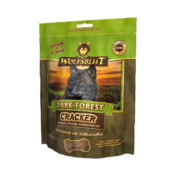 Wolfsblut Dark Forest Cracker Hundesnacks Verpackung mit dem Gesicht eines Wolfes, als hypoallergen mit Wildfleisch und Süßkartoffel gekennzeichnet.