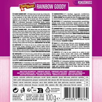 DeliBest 'RAINBOW GOODY' Leckerli-Etikett auf lila Hintergrund, Geschmack 'KOKUSNUSS', Zutatenfeld und 100 g Gewicht.