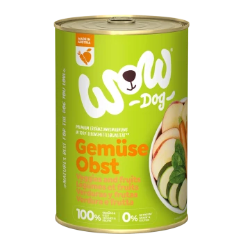 Dose "WOW-Dog" Premium Hundefutter mit grünem Etikett, das "Gemüse Obst" und Bilder von geschnittenen Früchten und Gemüse zeigt.