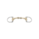 Ein glänzendes, silbernes und goldenes Pferdegebiss mit einem gebogenen Design und zwei Ringen auf jeder Seite, vor einem weißen Hintergrund präsentiert.