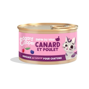 Boîte de nourriture pour chat Edgard Cooper avec du canard et du poulet, étiquetée "Morceaux en sauce pour chatons," avec une illustration de chat ludique.