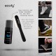 Ecofy Schuhreinigungsset mit einer schwarzen Schaumreinigerflasche, die mit "CLEAN" beschriftet ist, und einer Borstenbürste, mit Bildern von sauberen Schuhen.
