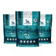Drei Beutel Hundefutter German Shephy Gold Lachs, mit einem glutenfreien Rezept, mit den Etiketten "Vom Tierarzt empfohlen" und "Erwachsene".