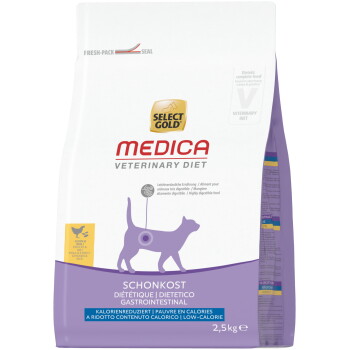 Eine Tüte Select Gold Medica Veterinary Diet Katzenfutter mit violettem Katzenmotiv, 'Schonkost Gastrointestinal', kalorienarm, 2,5 kg.