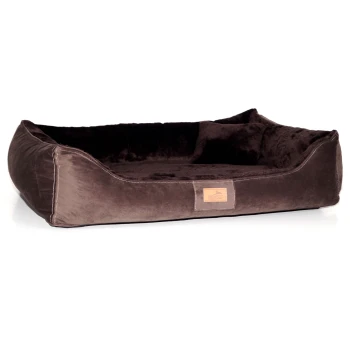 FLOYD - Ultraweiches orthopädisches Hundebett High-Tech-Velours und Plüsch VISCO braun 80 cm, 22 cm, 60 cm Braunes plüschiges Haustierbett mit erhöhten Rändern und einem Lederschild mit der Aufschrift "tierlando."