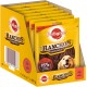 Pedigree Ranchos Originals hondenkoekjes in een gele doos, met een lachende hond op de voorkant, met de tekst '95% Fleisch'.