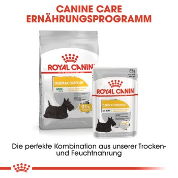 Royal Canin Dermacomfort Hundefutterverpackung, mit einem Trockenfutterbeutel für Mini-Hunde und einem Nassfutterbeutel, mit Text zur Förderung der Allergenreduktion.
