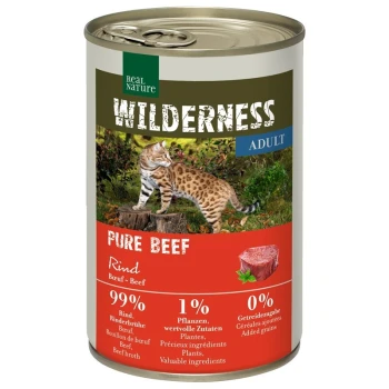 WILDERNESS Nassfutter Katze, Adult Pure Beef 6x400 g Dosenfutter für Katzen mit der Aufschrift 'Wilderness Adult Pure Beef', mit einer Wildkatze auf dem Etikett, 99% Rindfleisch, 1% Pflanzen und 0% zugesetzte Körner.