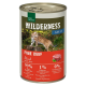 Dosenfutter für Katzen mit der Aufschrift 'Wilderness Adult Pure Beef', mit einer Wildkatze auf dem Etikett, 99% Rindfleisch, 1% Pflanzen und 0% zugesetzte Körner.