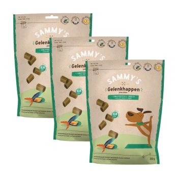 Drei Säcke von Sammy's Gelenkhappen für Hunde, mit einer verspielten Hundillustration, Garnelen und Nährstoffdetails.