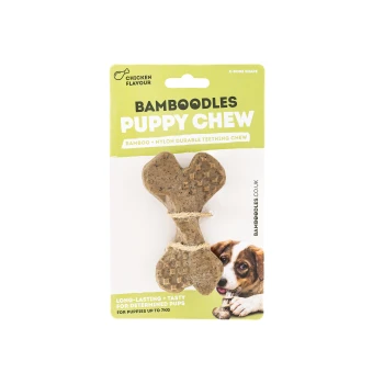 Bamboodles Puppy Chew in chicken flavor, shaped like an X-bone, made of bamboo and nylon, suitable for puppies up to 7kg.