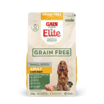 Gain Elite Grain Free dog food for small adult dogs, 12kg bag, featuring chicken, hypoallergenic, with prebiotics and omega-3 fatty acids.