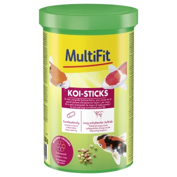 MultiFit Koi-Sticks fish food for koi and large ornamental pond fish, shape-retaining with long-lasting buoyancy.