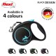 Black flexi dog leash with turquoise accents, labeled "Available in 4 colours," featuring a logo and "Made in Germany" badge.
