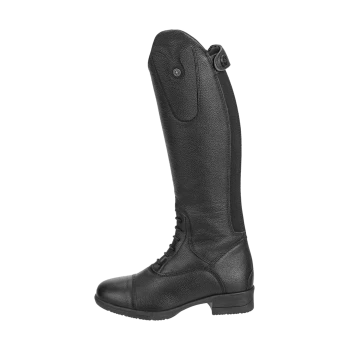 Schwarze Lederreitstiefel mit strukturiertem Finish, mit einer Schnürung vorne und einem hohen Schaft, entworfen für den Reitsport.