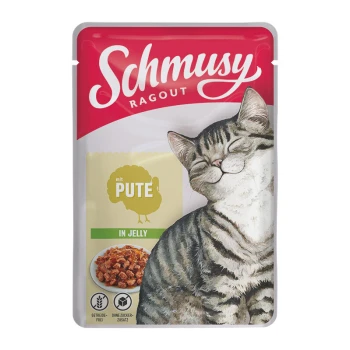 Schmusy Ragout Katzenfutterbeutel mit einer glücklichen getigerten Katze, beschriftet 'mit PUTE in JELLY', mit einer Illustration einer Futterschüssel.