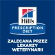 Logo diety weterynaryjnej Hill's Prescription Diet na niebieskim tle, z polskim tekstem mówiącym "Zalecane przez weterynarzy."
