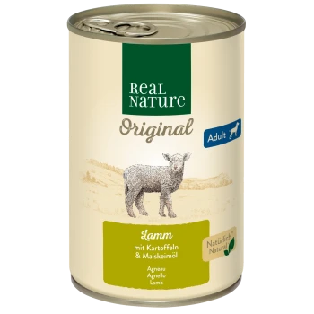 Dosenfutter für Hunde, beschriftet mit 'Real Nature Original', mit Lamm, Kartoffeln und Maisöl, illustriert mit einer Lammgrafik.