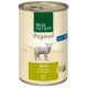 Dosenfutter für Hunde, beschriftet mit 'Real Nature Original', mit Lamm, Kartoffeln und Maisöl, illustriert mit einer Lammgrafik.