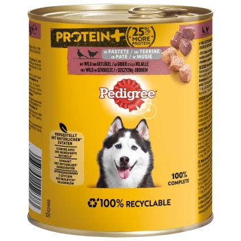 Pedigree-Hundefutterdose mit gelbem Etikett, das "25% mehr Protein" angibt, mit Fleischstücken und dem Text "100% komplett" und "100% recycelbar."