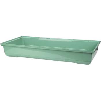 Bac à litière pour animaux en plastique vert avec des côtés hauts, conçu pour un nettoyage facile et la rétention de la litière.