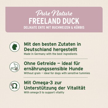 Freeland Duck Hundefutterverpackung: getreidefrei, hergestellt in Deutschland, Omega-3 für die Vitalität empfindlicher Hunde.