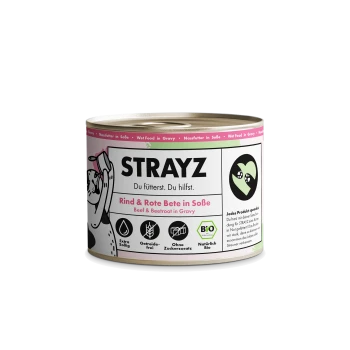 STRAYZ Tierfutterdose mit der Aufschrift 'Du fütterst. Du hilfst.' und 'Rind & Rote Bete in Soße / Beef & Beetroot in Gravy'