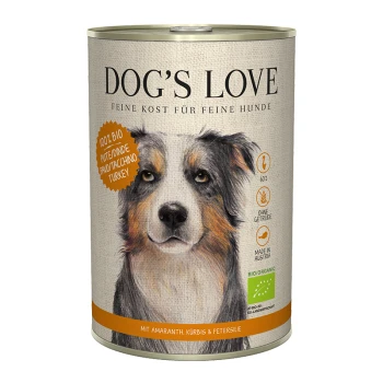 Nassfutter Hund, Adult, Bio 6x400 g Pute mit Amaranth und Kürbis Eine Dose DOG'S LOVE Hundefutter mit einer Illustration eines Hundegesichts, beschriftet mit "100% BIO Truthahn," "60 oz," und biologisch, hergestellt in Österreich.