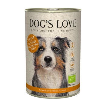 Une boîte de nourriture pour chien DOG'S LOVE avec une illustration de visage de chien, étiquetée "100% BIO Turkey," "60 oz," et bio, fabriquée en Autriche.