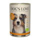 Eine Dose DOG'S LOVE Hundefutter mit einer Illustration eines Hundegesichts, beschriftet mit "100% BIO Truthahn," "60 oz," und biologisch, hergestellt in Österreich.