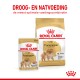 Royal Canin Pomeranian hondenvoer verpakking met een zak droogvoer en een zak natvoer, met tekst die optimale voeding benadrukt.