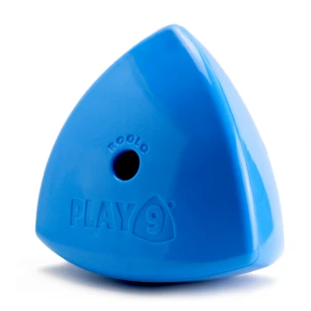 A bright blue triangular pet toy with a hole, labeled "PLAY 9" and "ROOLO," designed for interactive play.