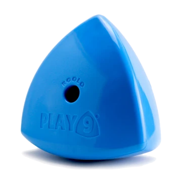 A bright blue triangular pet toy with a hole, labeled "PLAY 9" and "ROOLO," designed for interactive play.