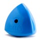 A bright blue triangular pet toy with a hole, labeled "PLAY 9" and "ROOLO," designed for interactive play.