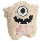 Ein flauschiges, beiges Haustierspielzeug in Form eines freundlichen Monsters, das ein großes Auge, ein breites schwarzes Lächeln mit weißen Zähnen und rosa Flecken aufweist.