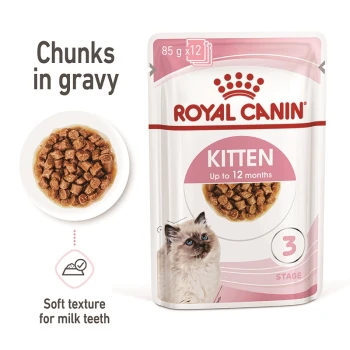 Royal Canin kitten food pouch featuring chunks in gravy, suitable for kittens up to 12 months, with a soft texture for milk teeth.