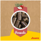 Produktetikett mit Nahaufnahme brauner Faserpellets, Apfelillustration darüber, Text 'Pommélie' und Marke 'Josera'